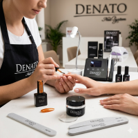 Professionnelle de l’ongle travaillant en salon avec les produits DENATO